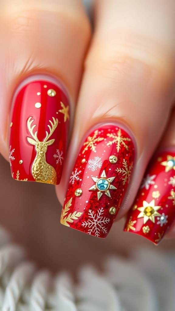 Close-up of Christmas nail art with red polish, gold glitter, and colorful gems.